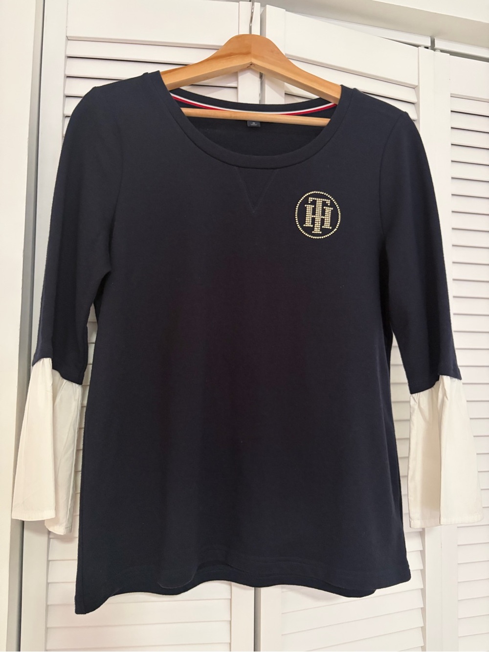 Tommy Hilfiger Long Sleeve Layered Sleeve Top in Navy Blue & White Medium